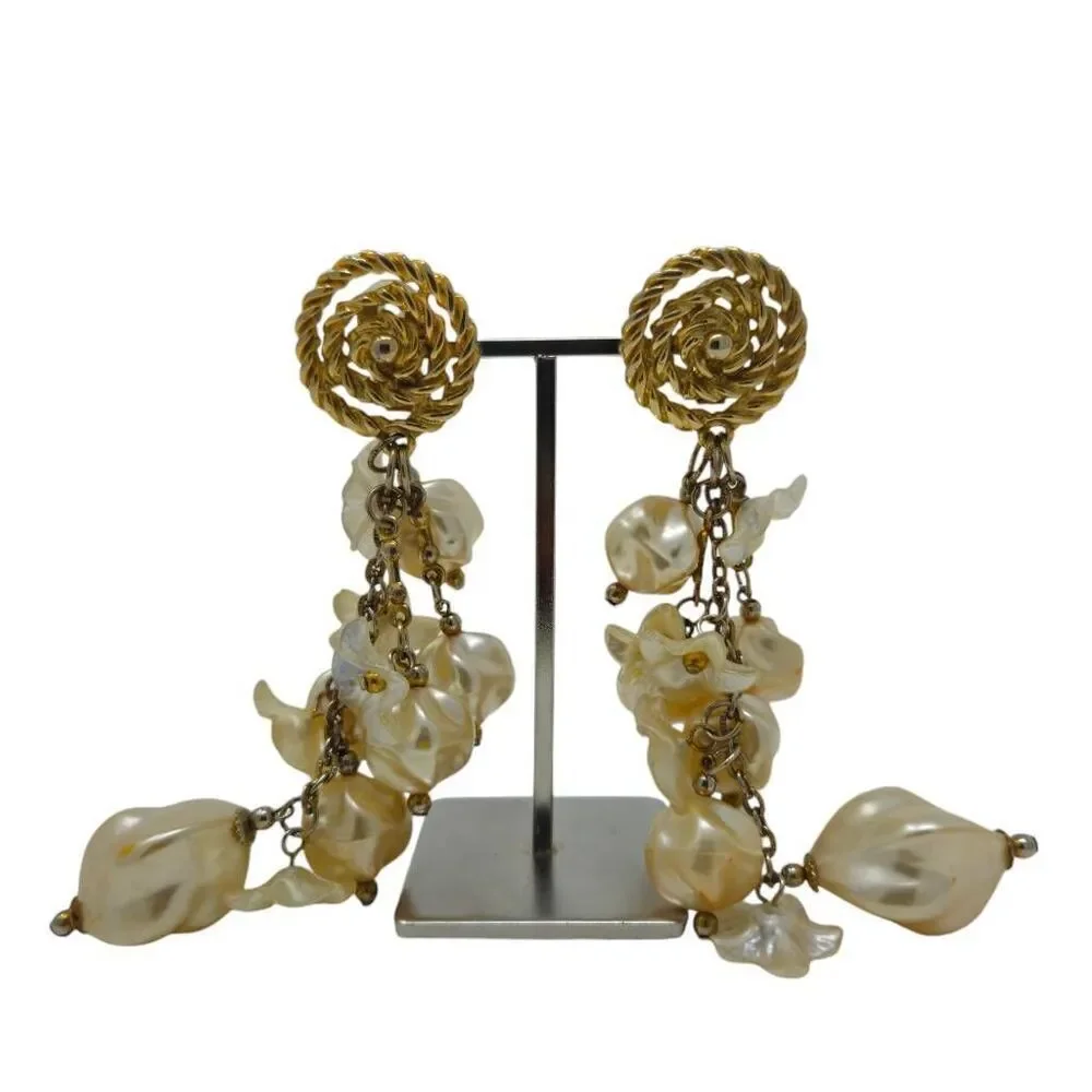 Large Vintage Runway Statement Gold Swirl & Floral Pearl Beaded Dangle Earrings